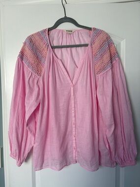 Boden Pink Button-Front Blouse with Embroidered Shoulders